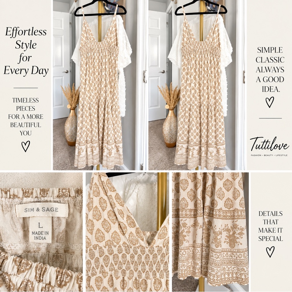 Cream and Tan Floral Midi Dress